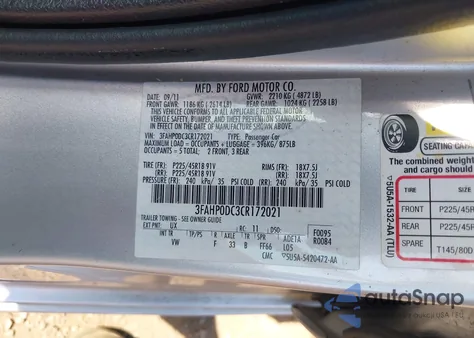 2012 Ford Fusion Sport из США, поврежденный, VIN 3FAHP0DC3CR172021